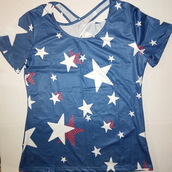 ☆NWT☆Women's Crisscross Back Moisture Wicking Star Print Short Sleeve Yoga Tee★ - Picture 10 of 11